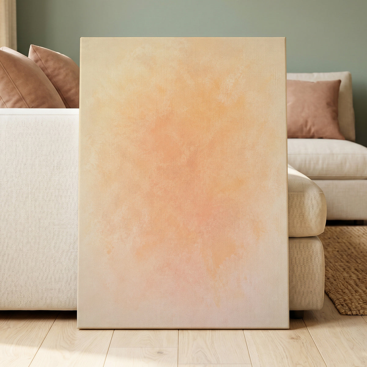 Apricot Hush, orange, pink, beige abstract wall art displayed in a styled interior, gallery view 3