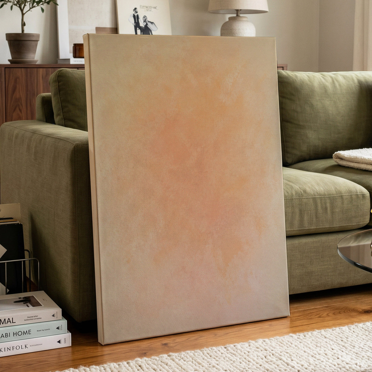 Apricot Hush, orange, pink, beige abstract wall art displayed in a styled interior, gallery view 7