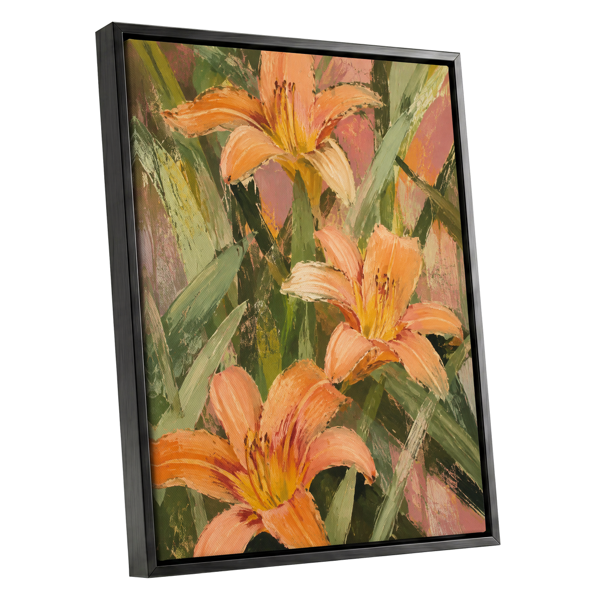 Apricot Lily Tangle, orange, green, pink floral wall art shown as a black framed canvas wall art