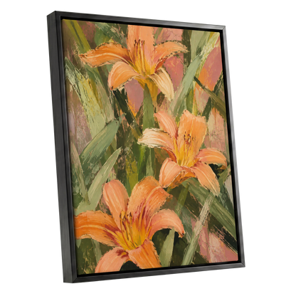 Apricot Lily Tangle, orange, green, pink floral wall art shown as a black framed canvas wall art