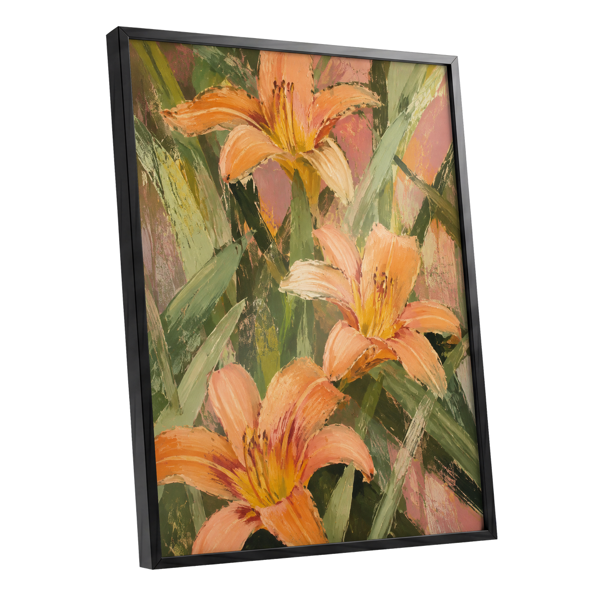 Apricot Lily Tangle, orange, green, pink floral wall art shown as a black framed poster wall art print