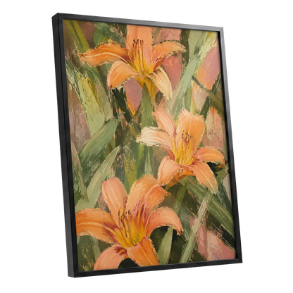 Apricot Lily Tangle, orange, green, pink floral wall art shown as a black framed poster wall art print