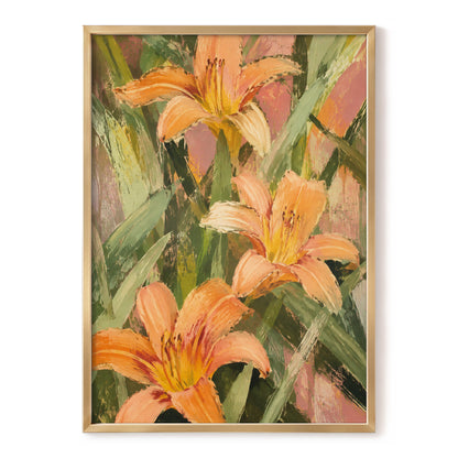 Apricot Lily Tangle, orange, green, pink floral wall art, front artwork view