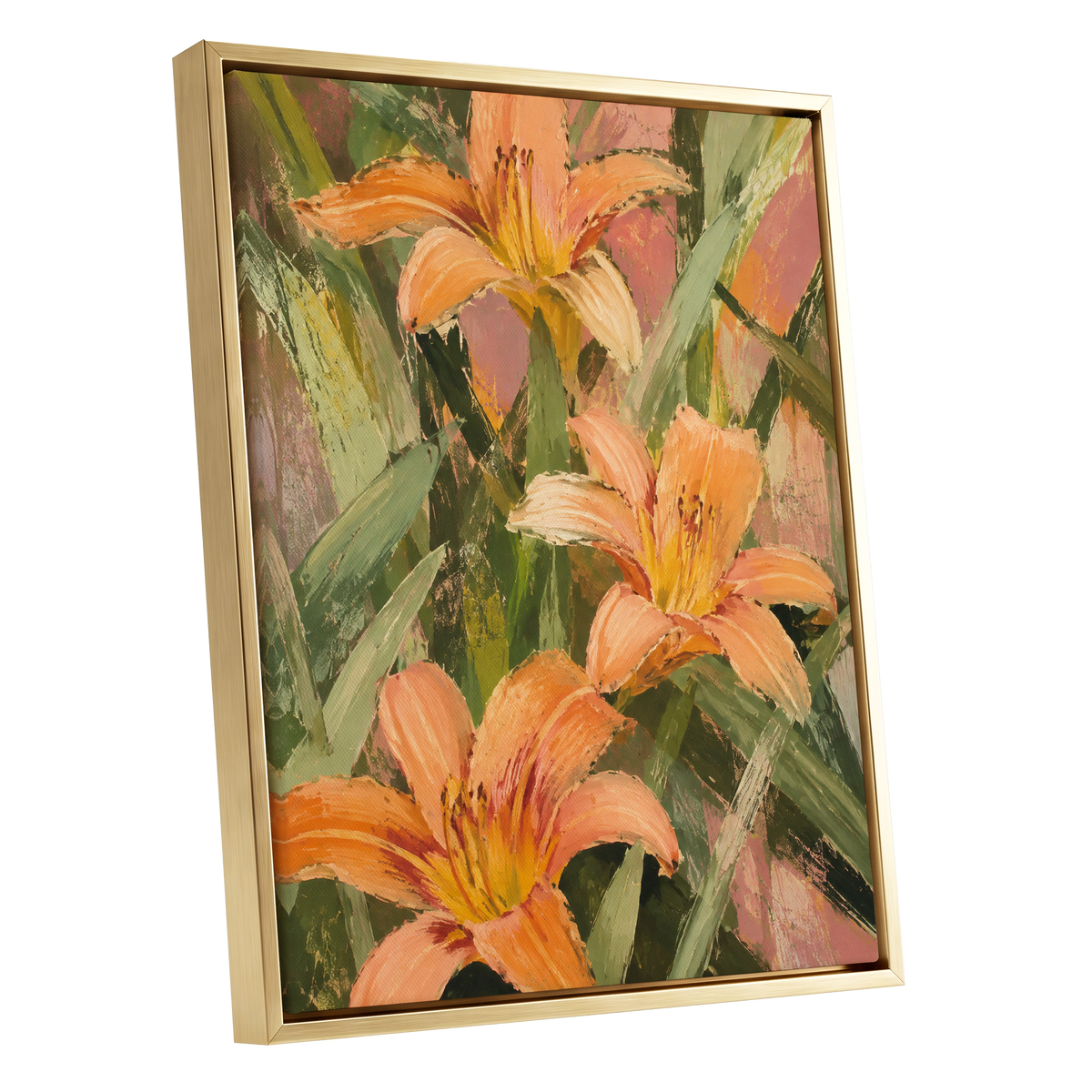 Apricot Lily Tangle, orange, green, pink floral wall art shown as a gold framed canvas wall art