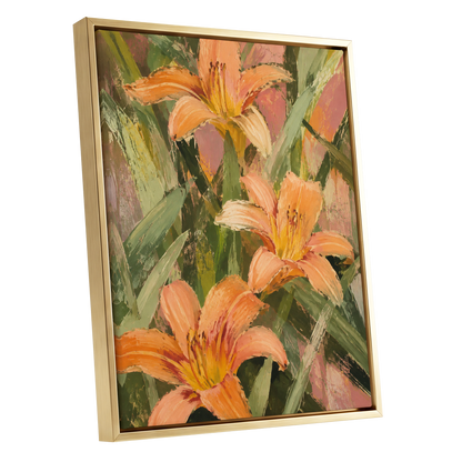 Apricot Lily Tangle, orange, green, pink floral wall art shown as a gold framed canvas wall art