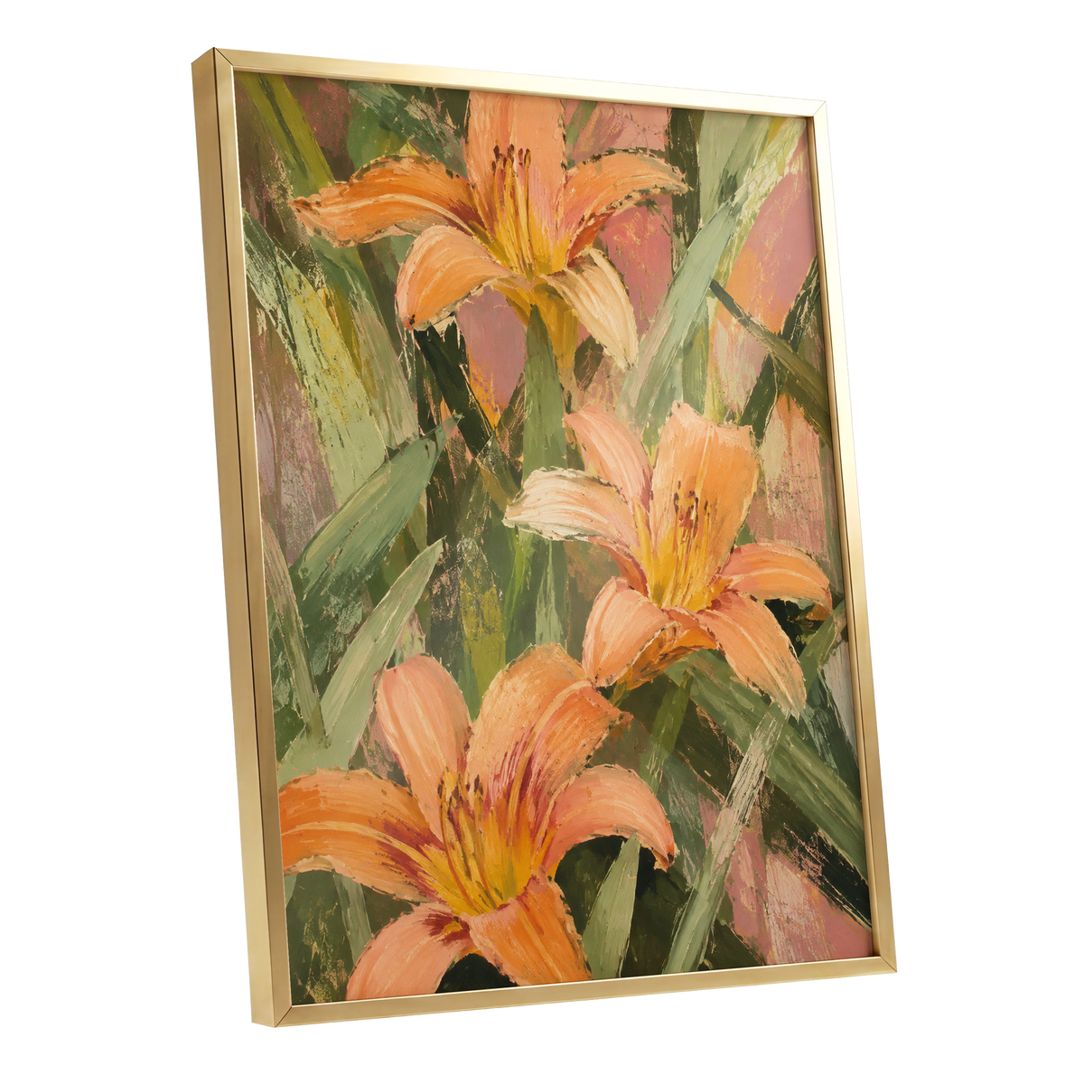 Apricot Lily Tangle, orange, green, pink floral wall art shown as a gold framed poster wall art print