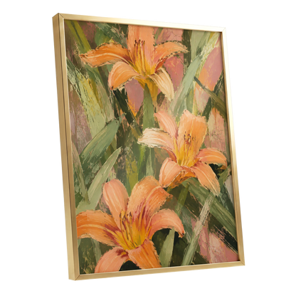 Apricot Lily Tangle, orange, green, pink floral wall art shown as a gold framed poster wall art print