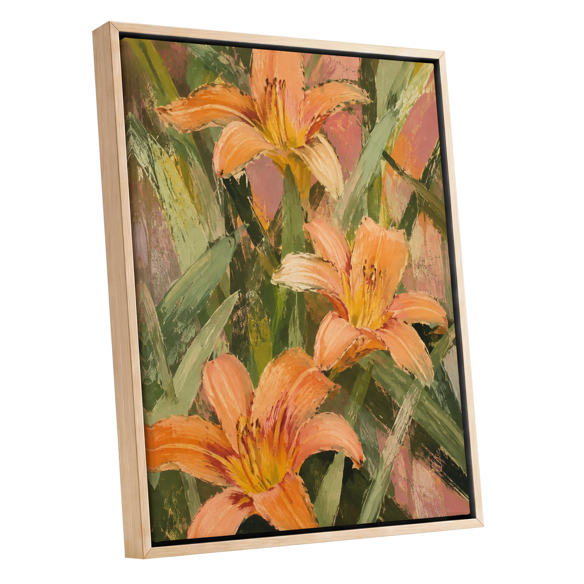 Apricot Lily Tangle, orange, green, pink floral wall art shown as a oak framed canvas wall art