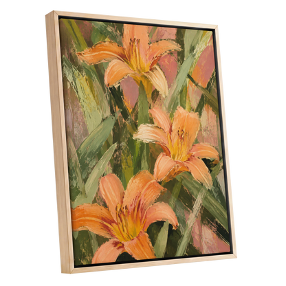 Apricot Lily Tangle, orange, green, pink floral wall art shown as a oak framed canvas wall art