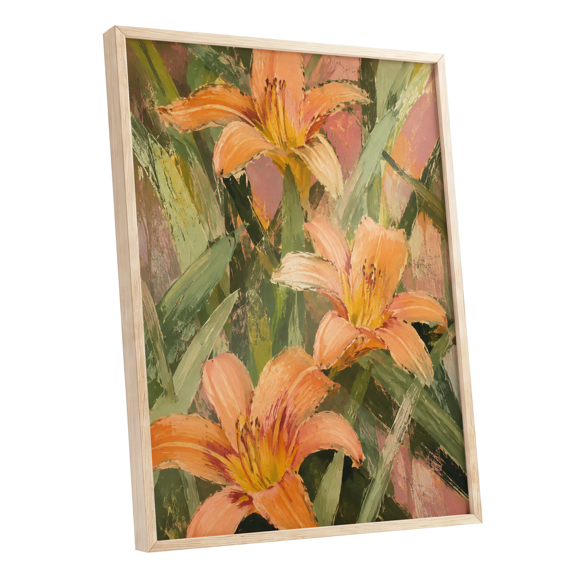 Apricot Lily Tangle, orange, green, pink floral wall art shown as a oak framed poster wall art print