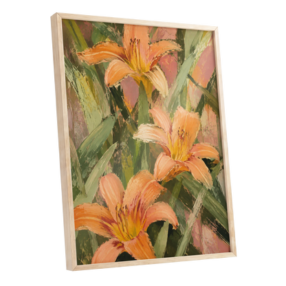 Apricot Lily Tangle, orange, green, pink floral wall art shown as a oak framed poster wall art print