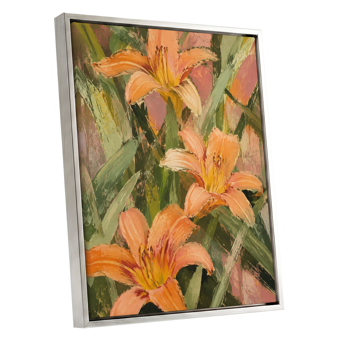 Apricot Lily Tangle, orange, green, pink floral wall art shown as a silver framed canvas wall art