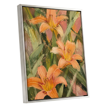 Apricot Lily Tangle, orange, green, pink floral wall art shown as a silver framed canvas wall art