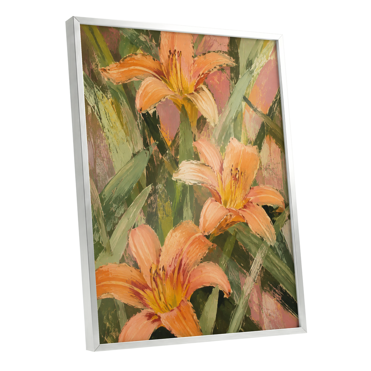 Apricot Lily Tangle, orange, green, pink floral wall art shown as a silver framed poster wall art print