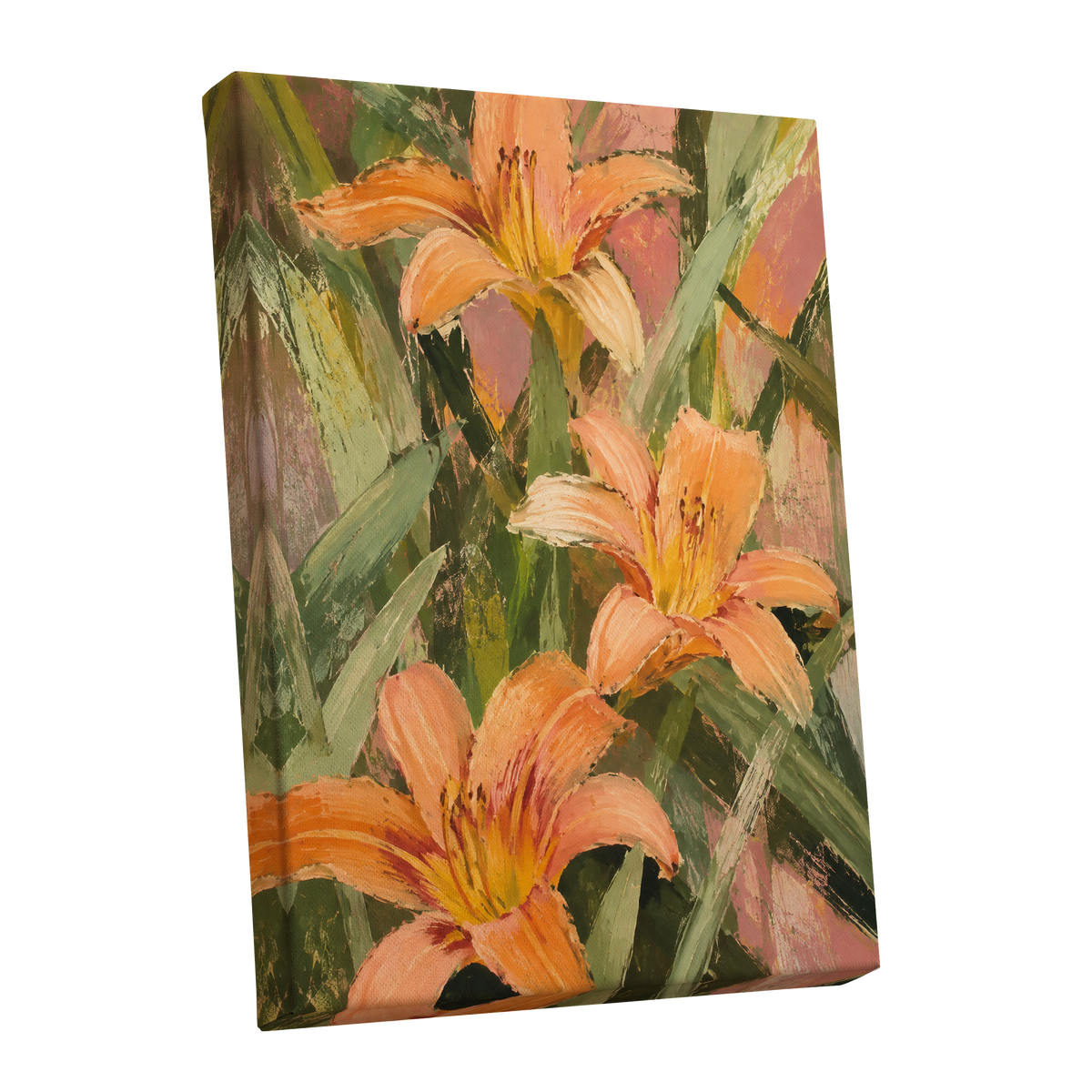 Apricot Lily Tangle, orange, green, pink floral wall art shown as a stretched canvas wall art