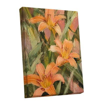 Apricot Lily Tangle, orange, green, pink floral wall art shown as a stretched canvas wall art