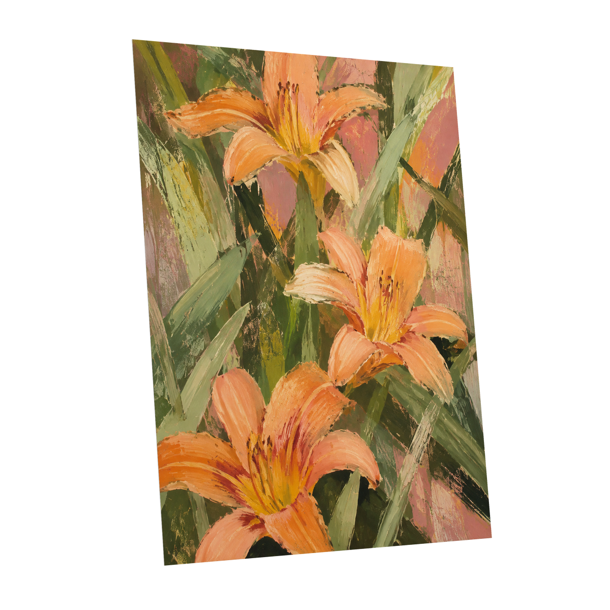 Apricot Lily Tangle, orange, green, pink floral wall art shown as a unframed poster wall art print
