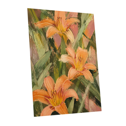 Apricot Lily Tangle, orange, green, pink floral wall art shown as a unframed poster wall art print