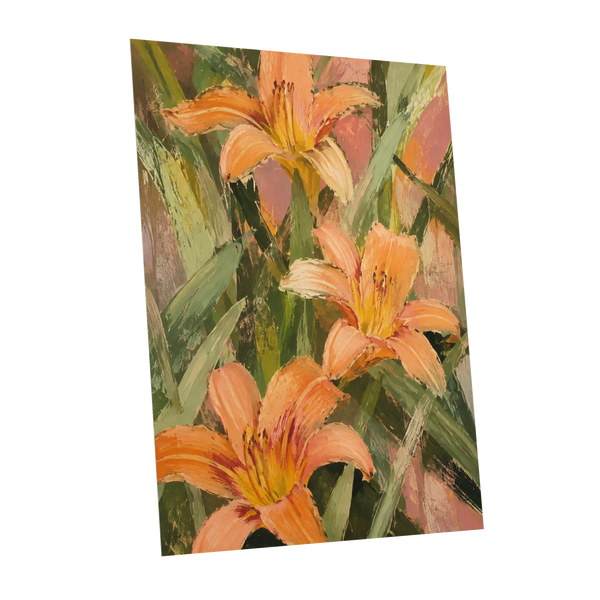 Apricot Lily Tangle, orange, green, pink floral wall art shown as a unframed poster wall art print