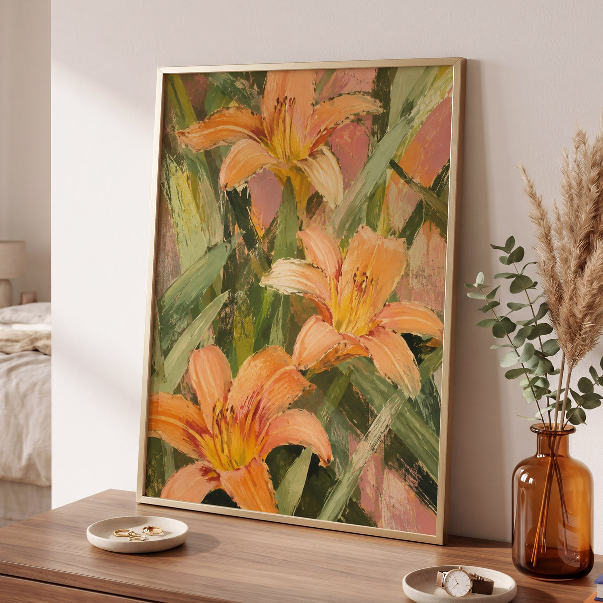 Apricot Lily Tangle, orange, green, pink floral wall art displayed in a styled interior, gallery view 2