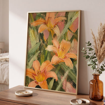 Apricot Lily Tangle, orange, green, pink floral wall art displayed in a styled interior, gallery view 2