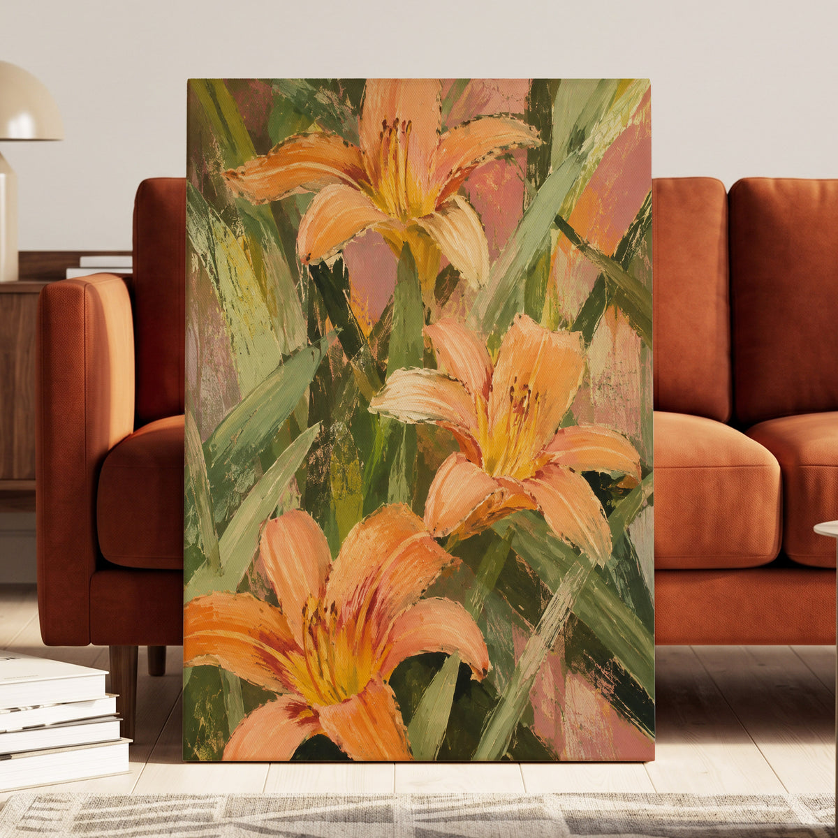 Apricot Lily Tangle, orange, green, pink floral wall art displayed in a styled interior, gallery view 3