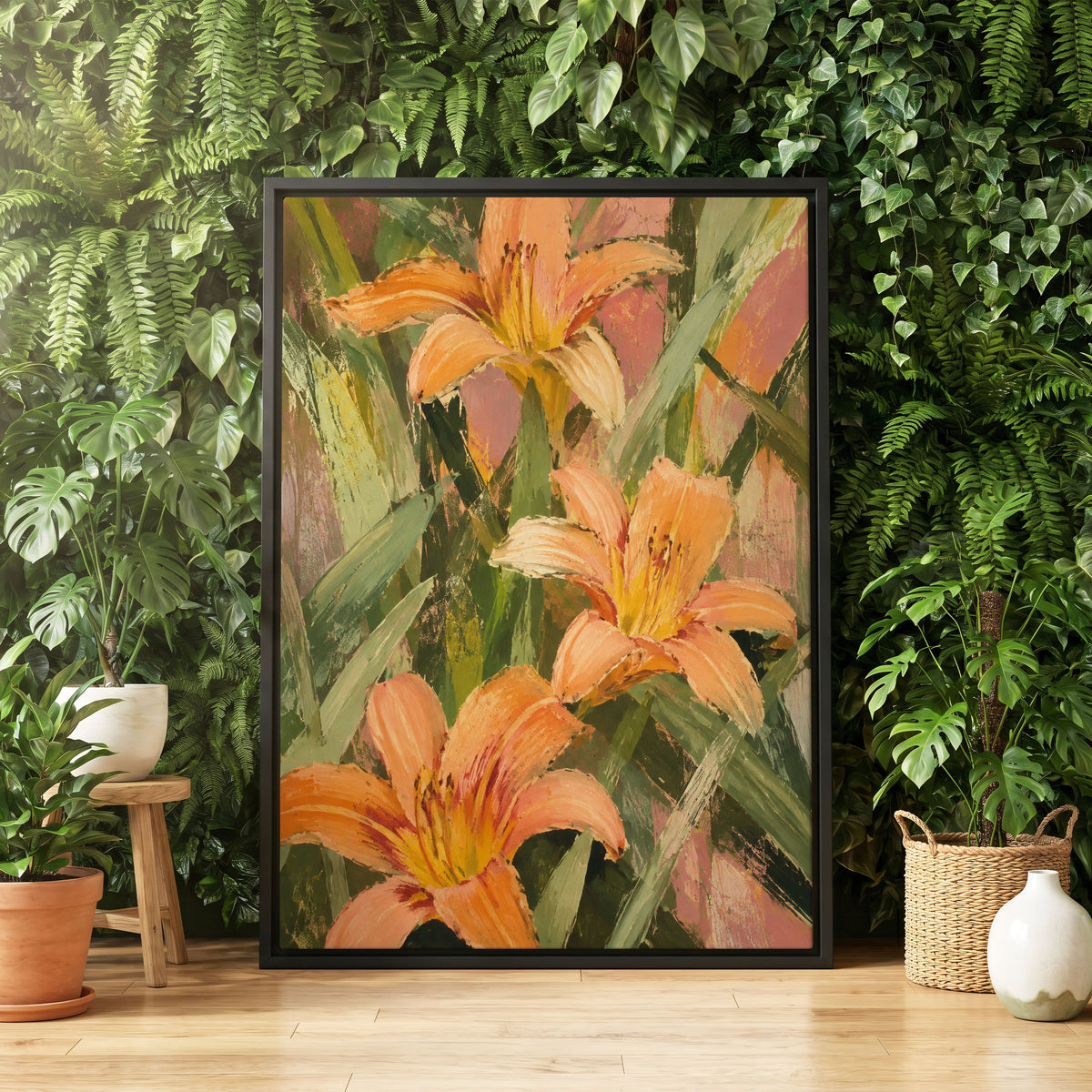 Apricot Lily Tangle, orange, green, pink floral wall art displayed in a styled interior, gallery view 4