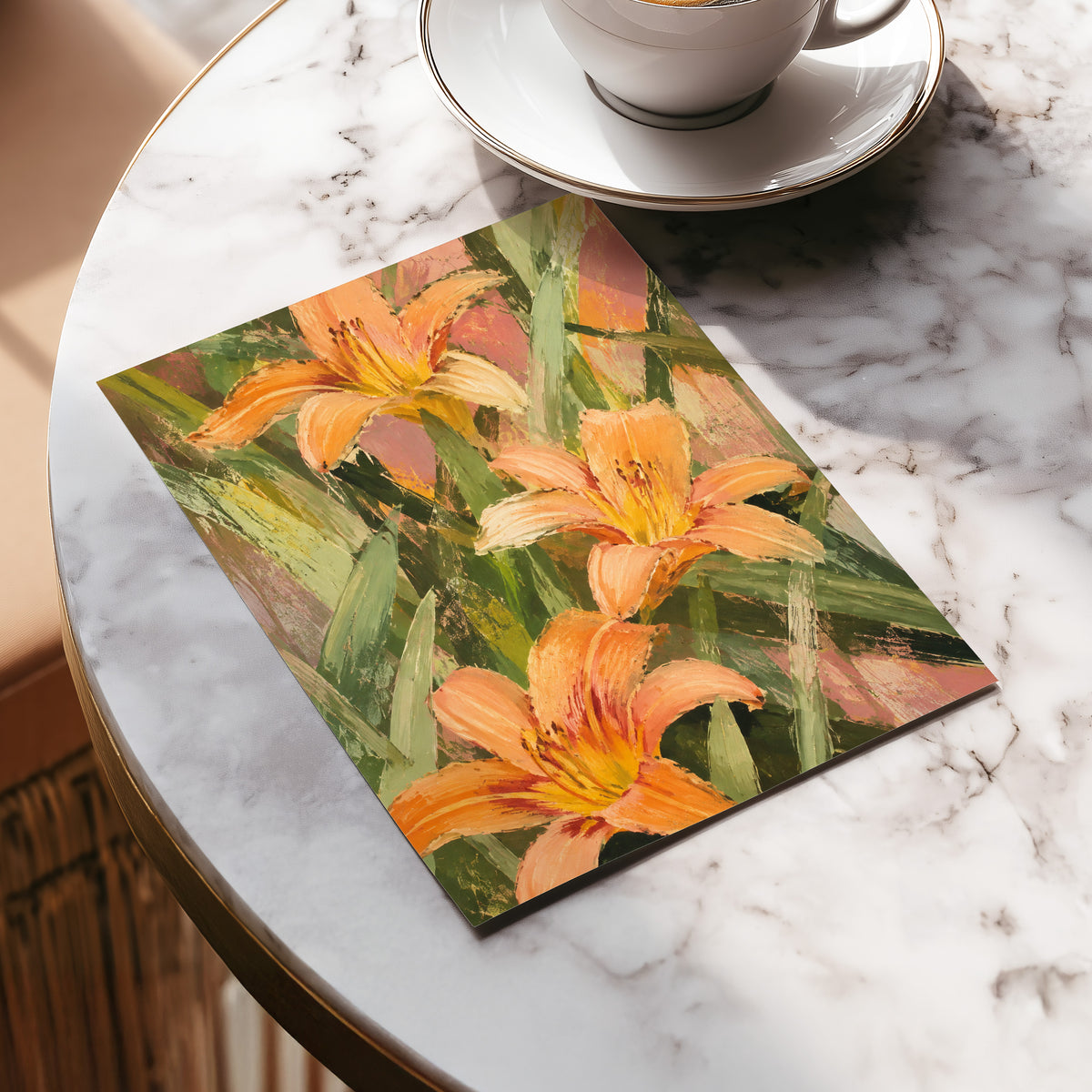Apricot Lily Tangle, orange, green, pink floral wall art displayed in a styled interior, gallery view 5