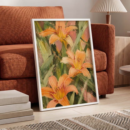 Apricot Lily Tangle, orange, green, pink floral wall art displayed in a styled interior, gallery view 6