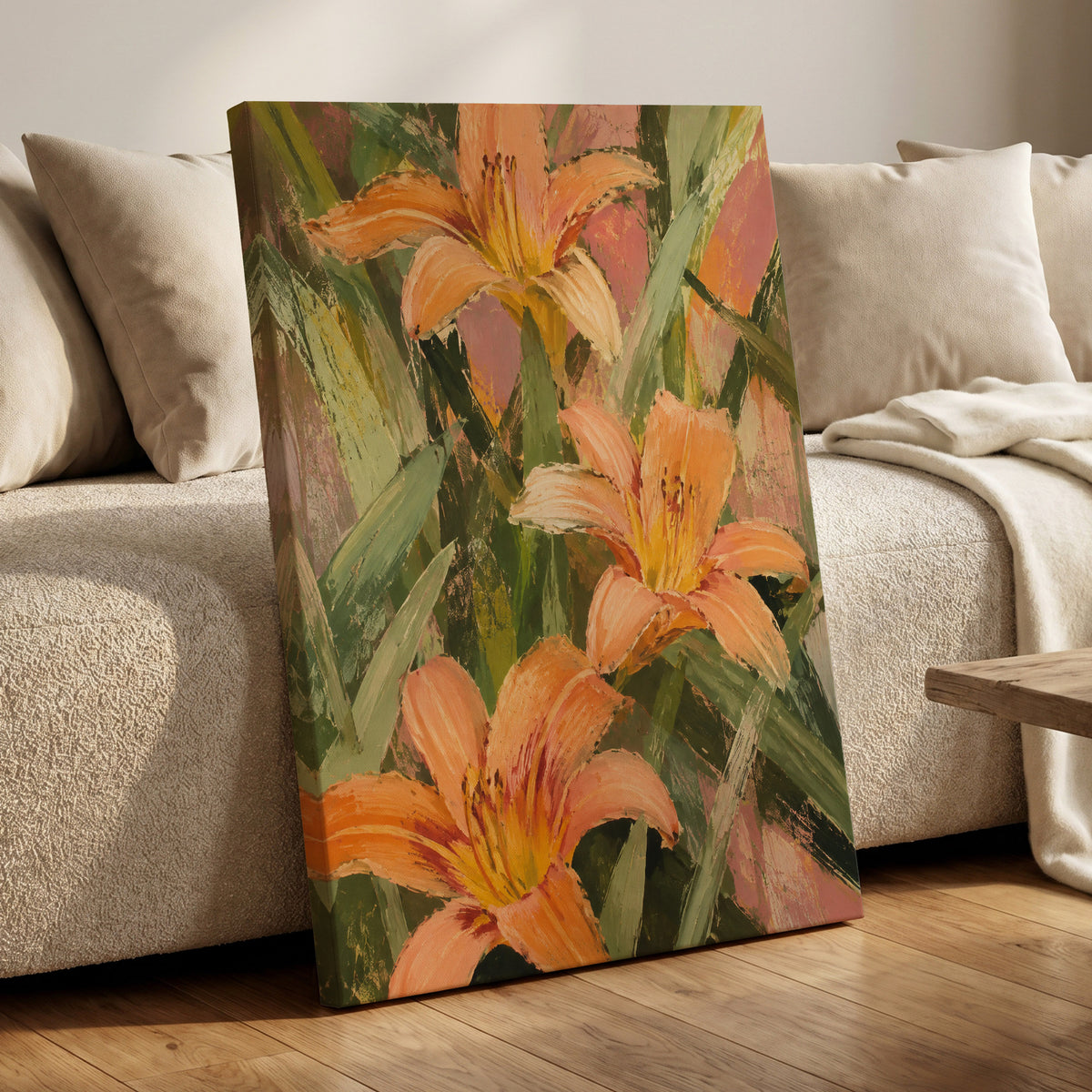 Apricot Lily Tangle, orange, green, pink floral wall art displayed in a styled interior, gallery view 7