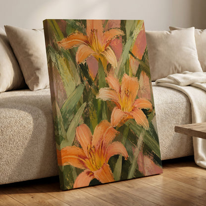 Apricot Lily Tangle, orange, green, pink floral wall art displayed in a styled interior, gallery view 7