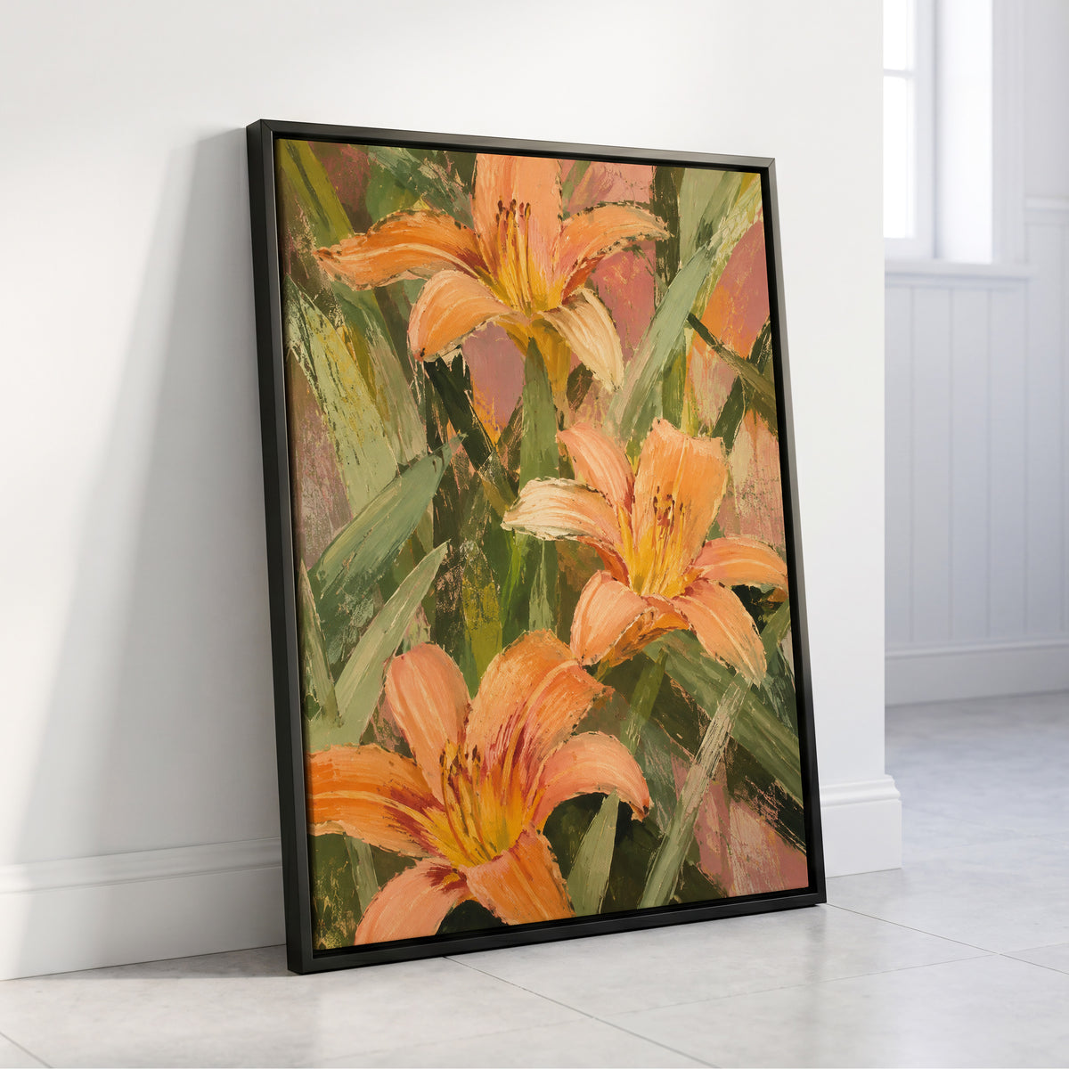 Apricot Lily Tangle, orange, green, pink floral wall art displayed in a styled interior, gallery view 8