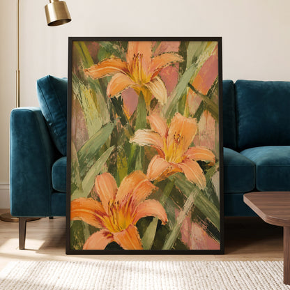 Apricot Lily Tangle, orange, green, pink floral wall art displayed in a styled interior, gallery view 9