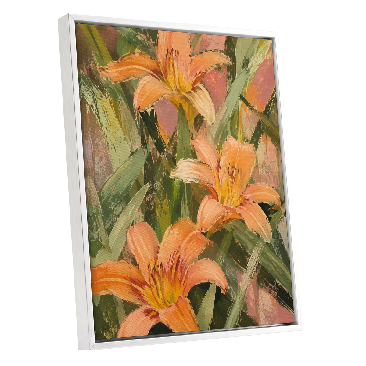 Apricot Lily Tangle, orange, green, pink floral wall art shown as a white framed canvas wall art