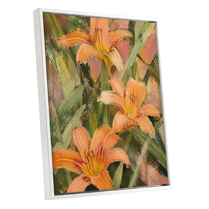 Apricot Lily Tangle, orange, green, pink floral wall art shown as a white framed canvas wall art