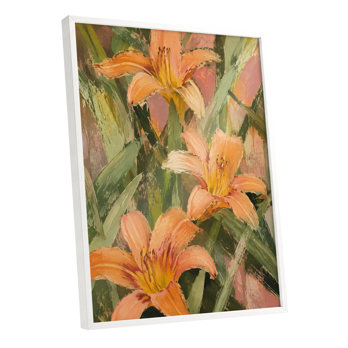 Apricot Lily Tangle, orange, green, pink floral wall art shown as a white framed poster wall art print
