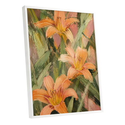 Apricot Lily Tangle, orange, green, pink floral wall art shown as a white framed poster wall art print