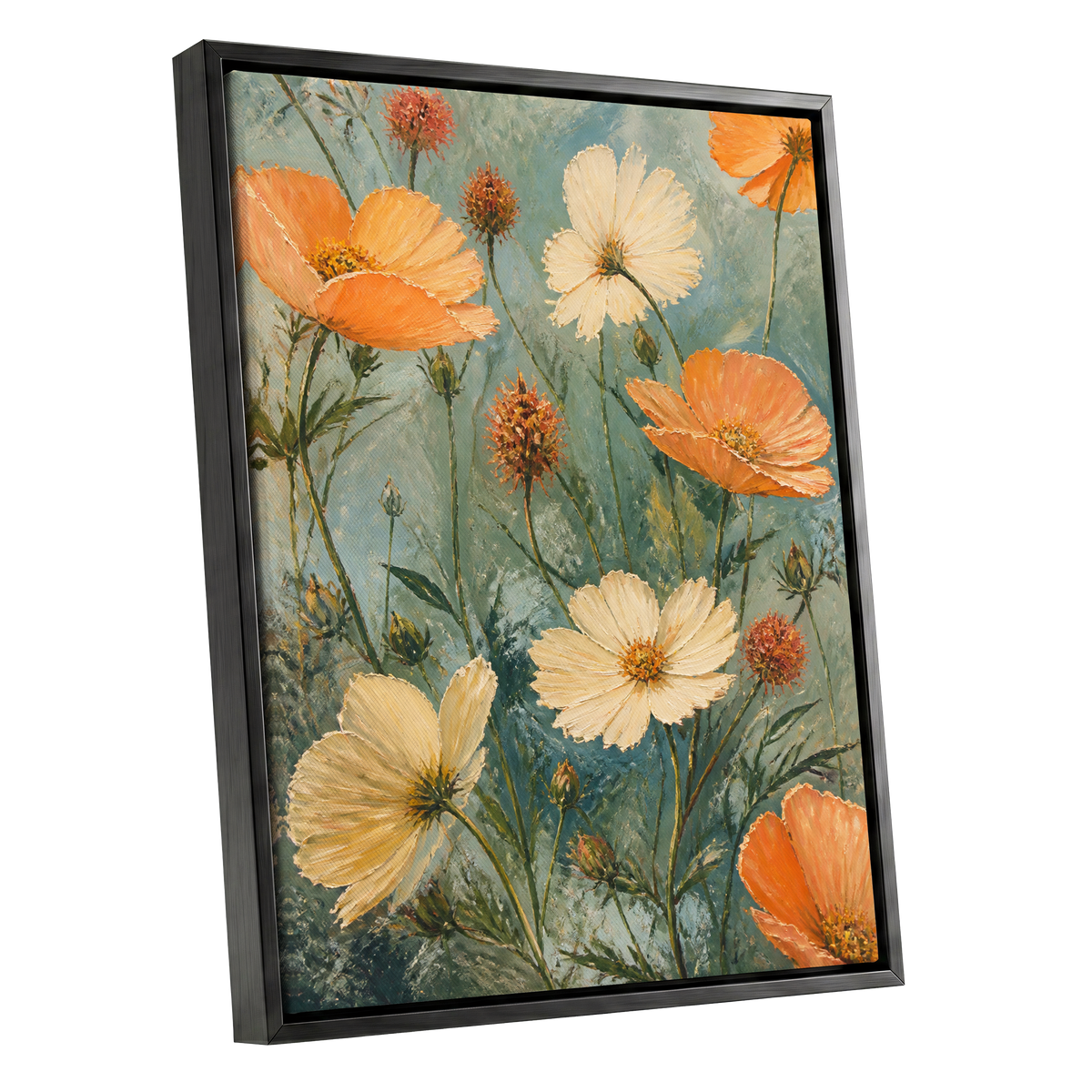 Apricot Meadow, orange, beige, white floral wall art shown as a black framed canvas wall art