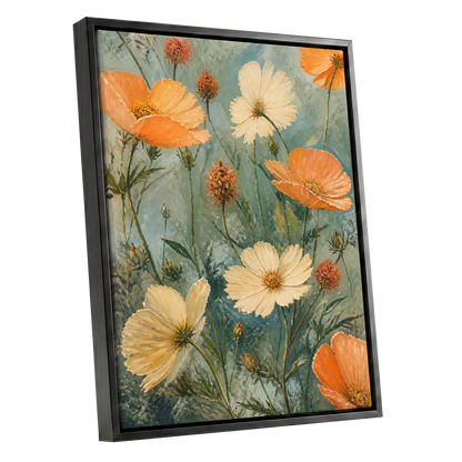 Apricot Meadow, orange, beige, white floral wall art shown as a black framed canvas wall art