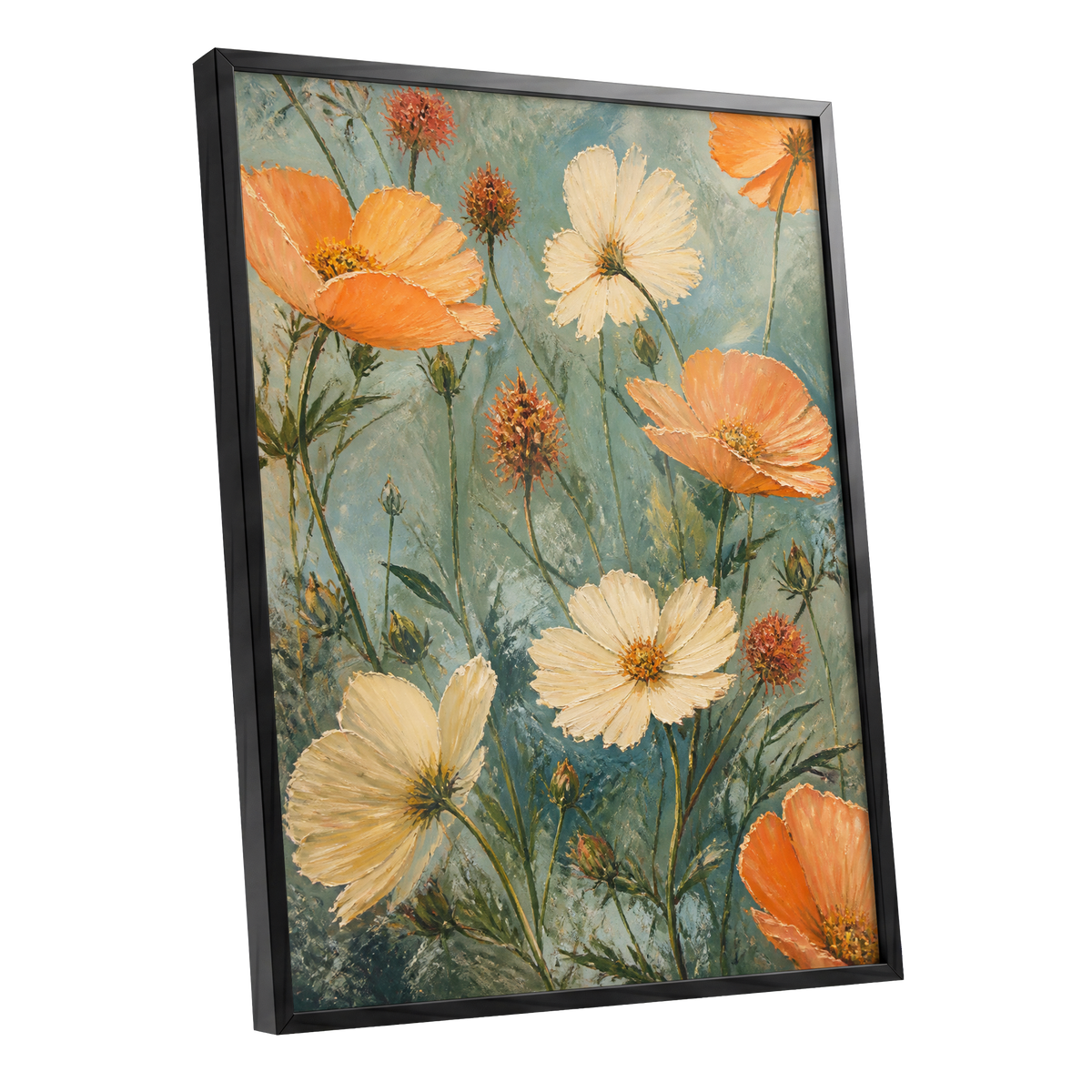 Apricot Meadow, orange, beige, white floral wall art shown as a black framed poster wall art print