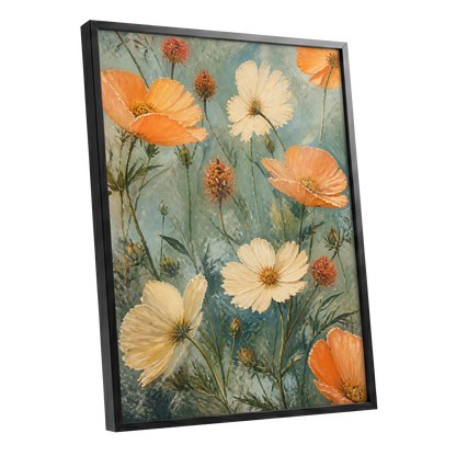 Apricot Meadow, orange, beige, white floral wall art shown as a black framed poster wall art print