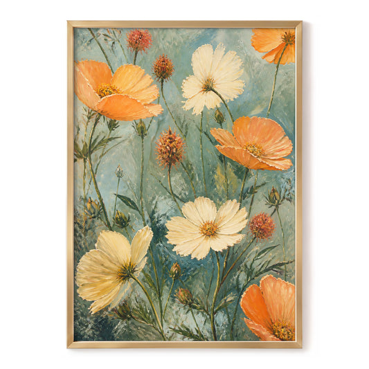 Apricot Meadow, orange, beige, white floral wall art, front artwork view
