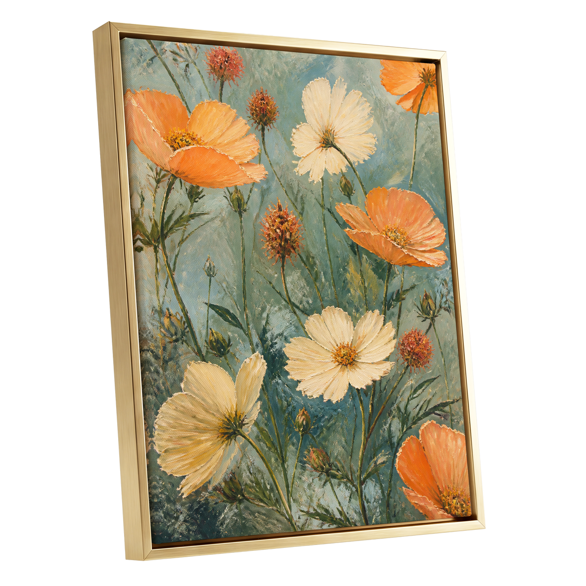Apricot Meadow, orange, beige, white floral wall art shown as a gold framed canvas wall art