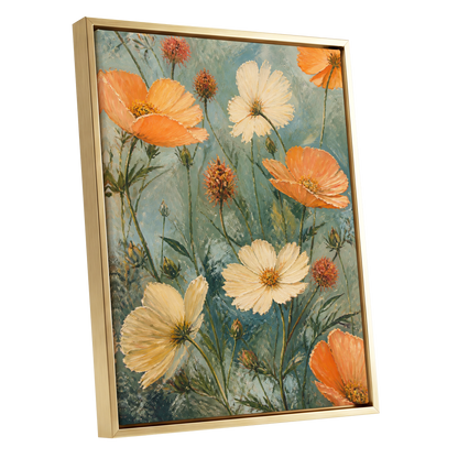 Apricot Meadow, orange, beige, white floral wall art shown as a gold framed canvas wall art