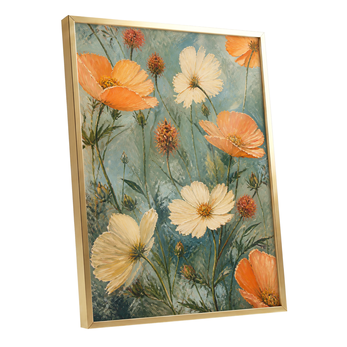 Apricot Meadow, orange, beige, white floral wall art shown as a gold framed poster wall art print