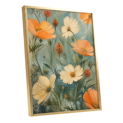 Apricot Meadow, orange, beige, white floral wall art shown as a gold framed poster wall art print
