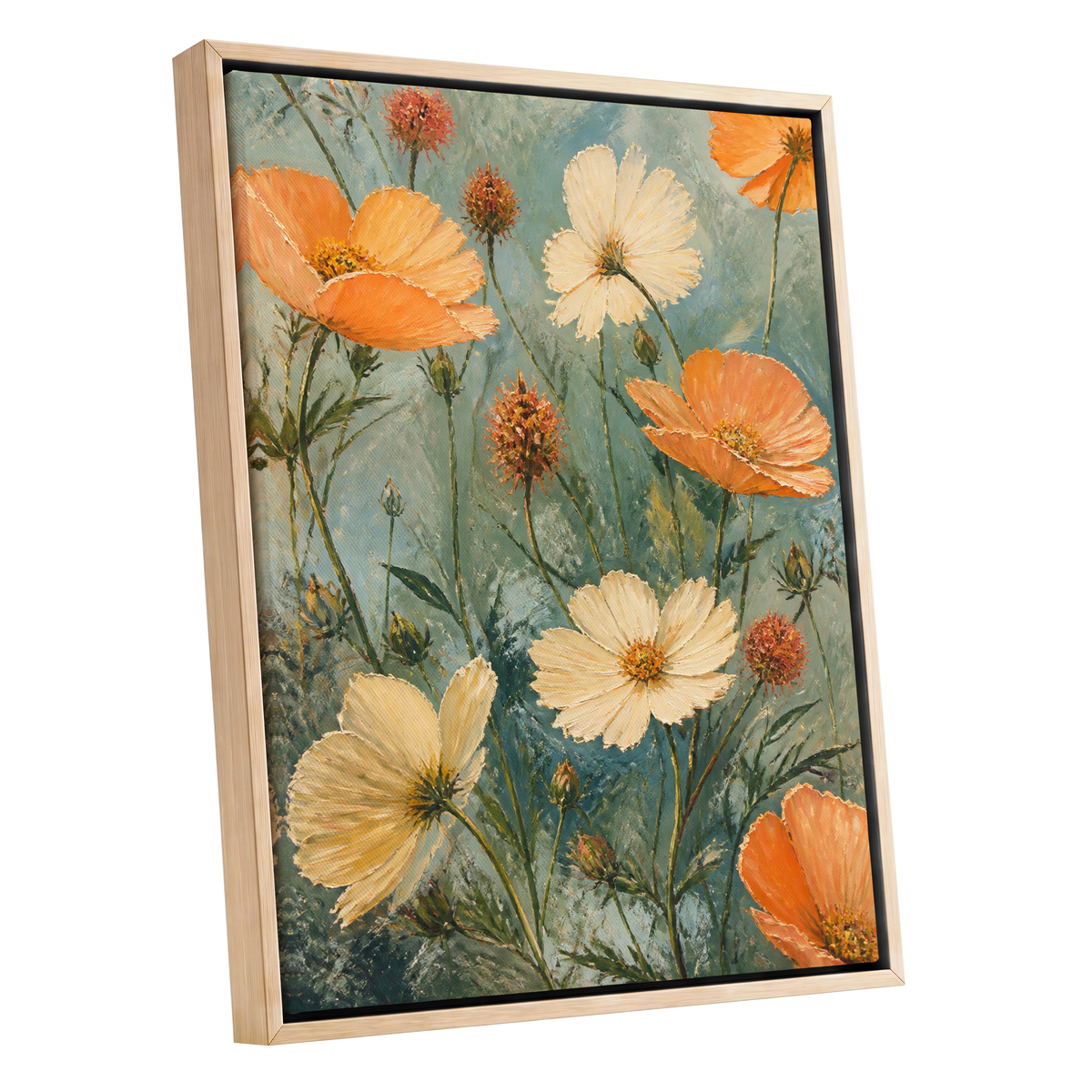 Apricot Meadow, orange, beige, white floral wall art shown as a oak framed canvas wall art