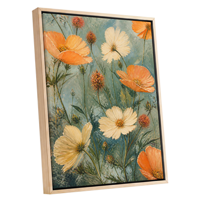 Apricot Meadow, orange, beige, white floral wall art shown as a oak framed canvas wall art