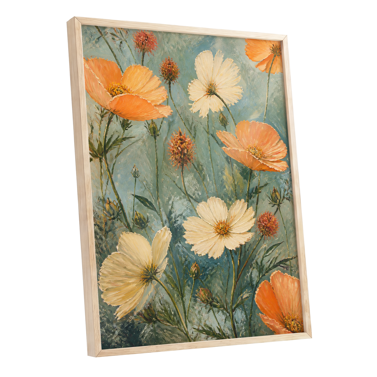 Apricot Meadow, orange, beige, white floral wall art shown as a oak framed poster wall art print