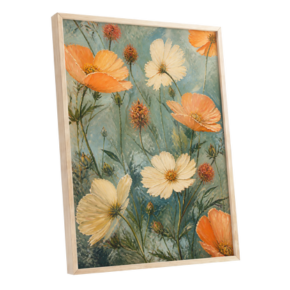 Apricot Meadow, orange, beige, white floral wall art shown as a oak framed poster wall art print
